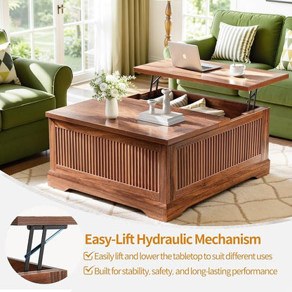 Memobarco Lift Top Coffee Table with Storage, Fluted Coffee Tables with Lifting Top, Modern Farmhouse Square Center Table for Living Room, Home Office, with Hidden Compartment, Flip-Up Lids, Walnut