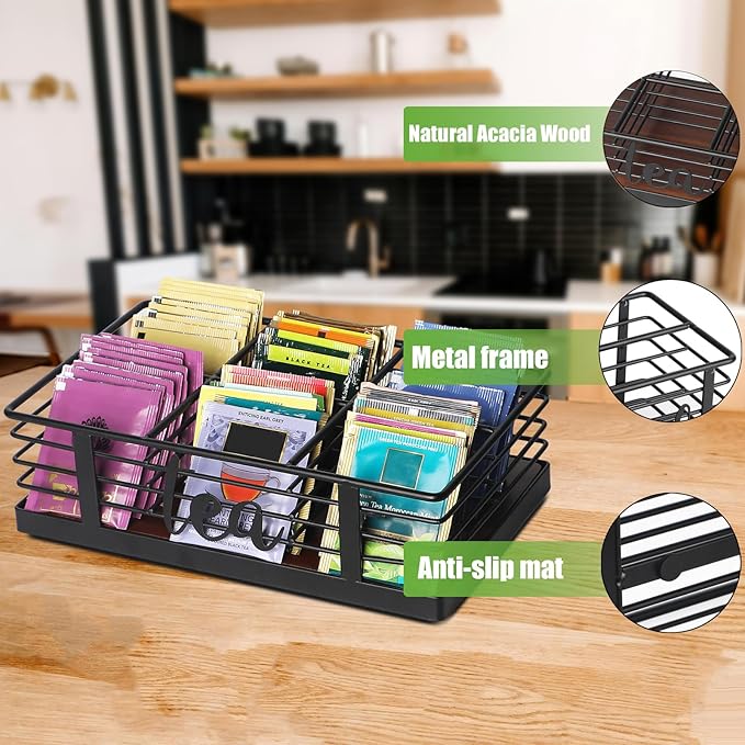 6 Compartments Tea Bag Organizer Holder, Tea Packets Storage Holder Container Display Stand Rack for Kitchen Organization Coffee Bar Decor