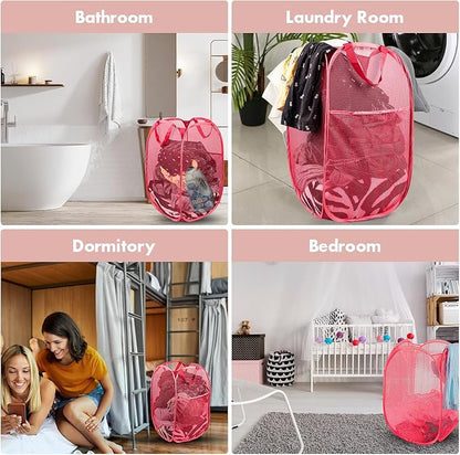 DUCOO Pop Up Laundry Hamper, 70L Collapsible Mesh Laundry Basket with Side Pocket, Foldable Dirty Clothes Hamper with Sturdy Reinforced Handles for Home Dorm Bedroom Travel Bathroom Storage, Red