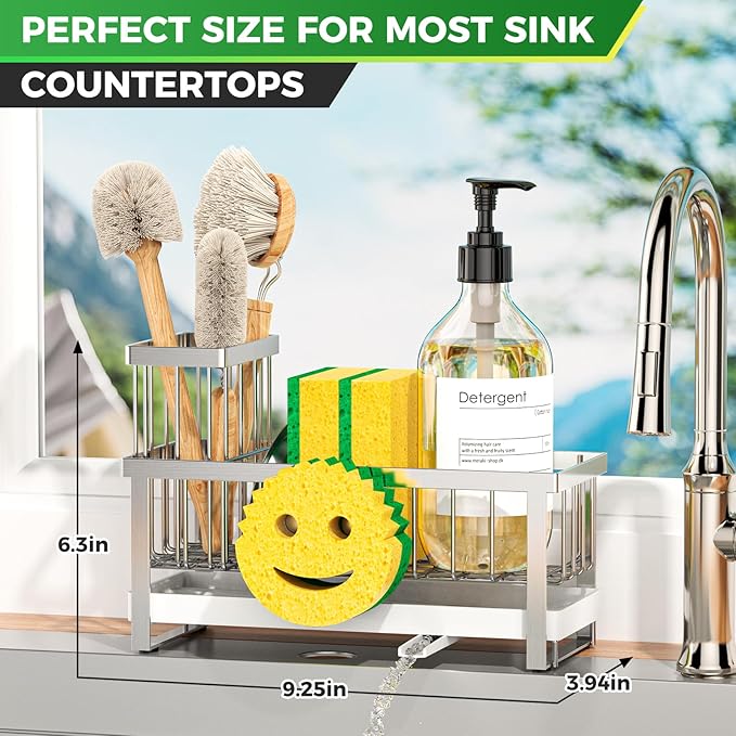 Taugast Sponge Holder for Kitchen Sink,Sink Caddy with Removable Dish Brush Holder,Self-Draining Kitchen Countertop Organizers and Storage Essentials,Soap Dispenser Organize and Home Decor-Silver