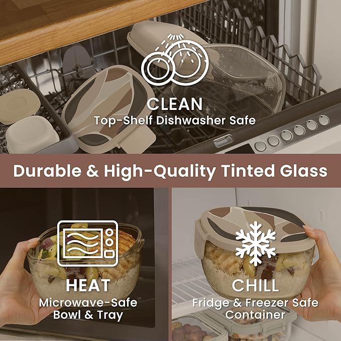 Bentgo Glass Prints Salad Container - 7.6-Cup Tinted Glass Salad Bowl with Airtight Lid, Leak-Proof Sauce Container, 4-Compartment Bento Meal Prep Tray & Reusable Fork (Inky Abstract - Neutrals)
