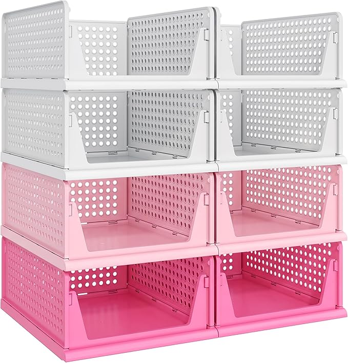Pink Girl Closet Organizers and Storage Stackable Plastic Drawer Basket for Clothing Stackable Storage Bins Shelf Storage Container for RV Closet Wardrobe Bedroom Bathroom Playroom 8 Pack
