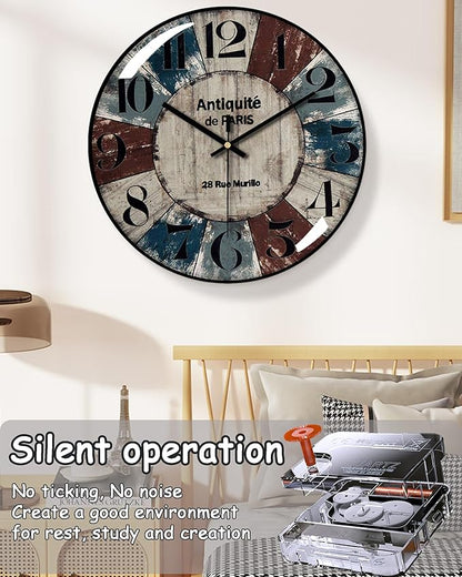 Decorative Wall Clocks Batterys Operated, Retro Wall Clock with Glass Dial, 12-Inch Dial with Roman Numerals, Silent and No Ticking, Suitable for Living Room, Bedroom, Dining Area, Workspace