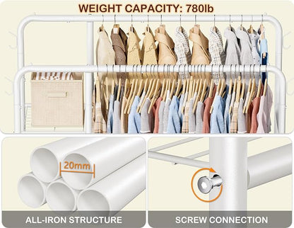 Double Rods Clothes Rack Clothing Rack with 4 Tier Storage Shelves Clothes Rack for Hanging Clothes Multifunctional Heavy Duty Clothes Organizer with Hooks for Bedroom,Wardrobe Closet,Shop,White