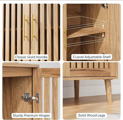 Buffet Cabinet with Storage,Sideboard with Grille Doors&Adjustable Shelf, Wood Coffee Bar Storage Cabinet for Kitchen Living Room Entryway (Natural Wood, 63 Inch)