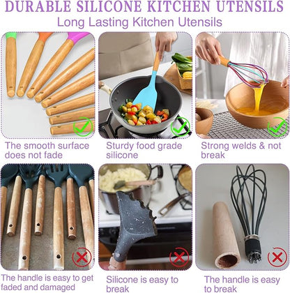 Umite Chef Kitchen Cooking Utensils Set, 33 pcs Non-stick Silicone Cooking Kitchen Utensils Spatula Set with Holder, Wooden Handle Silicone Kitchen Gadgets Utensil Set (Colorful)