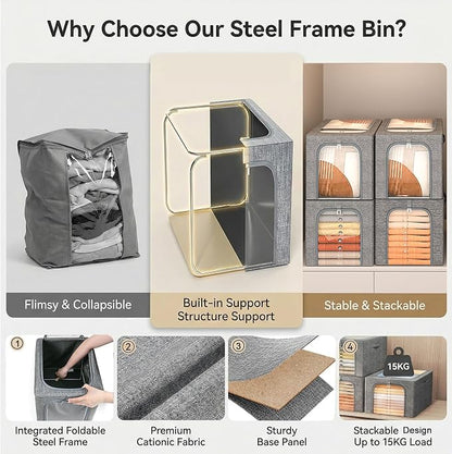 GoMaihe Blanket Storage Bins with Metal Frame, 6-Pack Large Closet Storage Bins with Lid & Clear Window, Comforter Bedding Storage Organizer for Walk-in Closet Cationic Fabric 55L