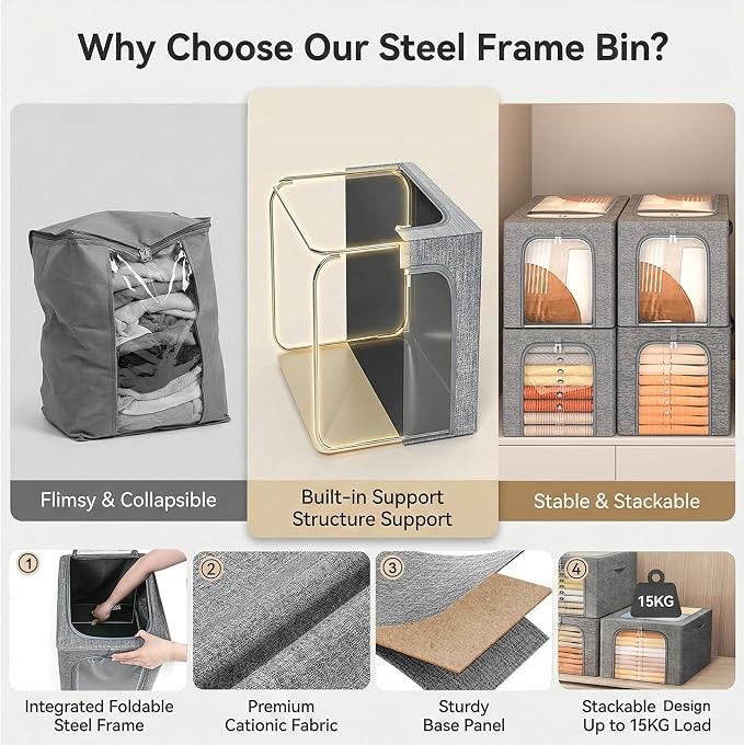 GoMaihe Clothes Storage Bins Metal Frame: 55L Extra Large Stackable Closet Storage Organizer with Lid & Clear Window, Heavy Duty Blanket Boxes for Winter Coats Comforters (Fits Deep Closet 4-Pack)