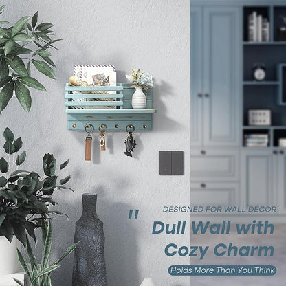 Rebee Vision Pine Wood Key Holder Wall Mount for Home Decor - 6 Hooks for Hats, Essential Home Organizer - Farmhouse Key Holder for Wall Mail Slot Can Store Letters & Files (Blue)