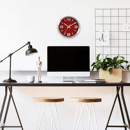 Bernhard Products Metal Wall Clock Modern Silver & Wine 10 Inch Silent Non Ticking, Red Round Elegant Quality Quartz Battery Operated for Home Kitchen Living Room Office, 3D Numbers