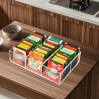 Tasybox Tea Bag Organizer, Clear Acrylic Tea Bag Holder with 6 Slot, Tea Packet Storage for Drawer, Pantry, Kitchen, Cabinet, Countertop
