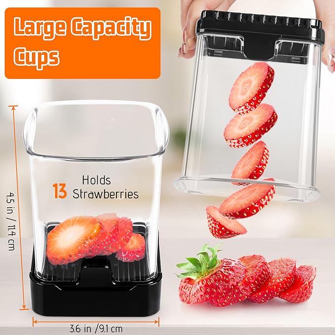 Fruit Slicer Cup for Strawberry, Banana, Hard-Boiled Egg - Detachable Cutter with Push Plate - 304 Stainless Steel Blade - Rapid & Safe Slicing Kitchen Gadget for Quick Meal Prep (Black)