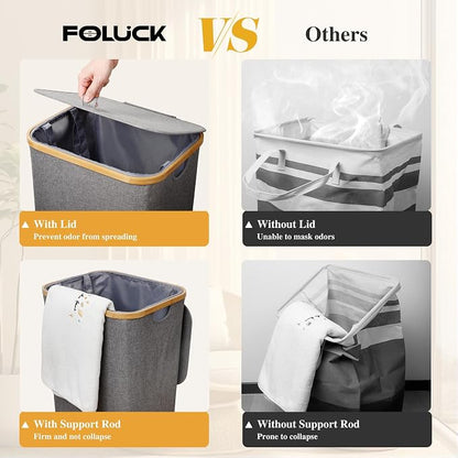 Foluck Large Laundry Hamper, 100L Waterproof Laundry Basket with Lid and Removable Bag, Collapsible Tall Clothes Hamper with Bamboo Handles for Clothes Toys in Dorm Bedroom Bathroom, Grey