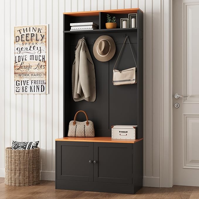 Entryway Hall Tree with Bench and Storage, 5-in-1 Farmhouse Coat Rack with 7 Hooks, Bench with Coat Rack with Storage Shelves for Hallway, Hallway, Black