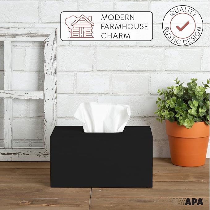 Ilyapa Wood Tissue Box Cover Rectangular - Rustic Farmhouse Black Wooden Tissue Holder