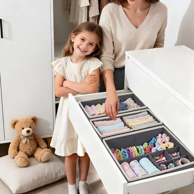 DECOMOMO Adjustable Drawer Organizer Clothes, 12 Pack Fabric Storage Bins, Drawer Dividers, Baby Dresser Organizer for Nursery, Underwear, Bra, Socks (Grey)