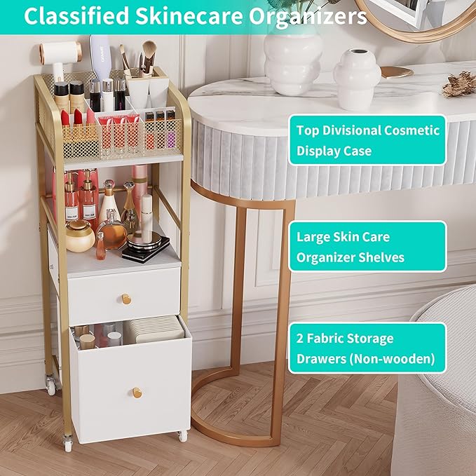 HapiRm Rolling Makeup Cart Organizer - Floor Skincare Make Up Storage with 2 Non-woven Fabric Drawers, Vanity Organizer Cosmetic Display Cases Holder for Skin Care Perfume Nail Polish Brush Hair Tool