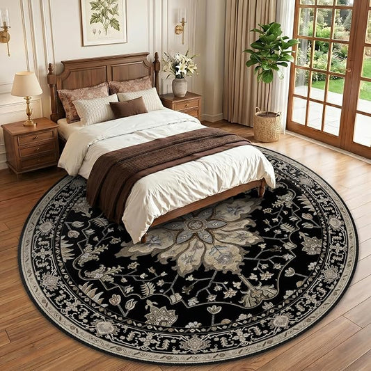 RELEANY Area Rugs Round 10ft Washable Non-Slip, Floral Vintage Distress Medallion Carpet for Living Room Bedroom Dining Room, Black Brown Neutral Dark Tan