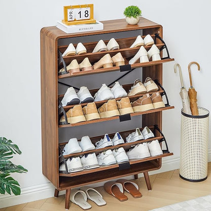 Narrow Shoe Cabinet Storage for Entryway,Slim Shoe Cabinet with 3 Flip Drawers, Fluted Shoes Rack Organizer (All Walnut, 3 Drawers)