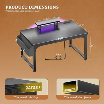 Gaming Desk with Power Outlets & LED Light, Computer Desk with Monitor Stand & 0.95inch Thicker Desktop & Storage Bag, Writing Desk for Home Office, Study, Bedroom, Black