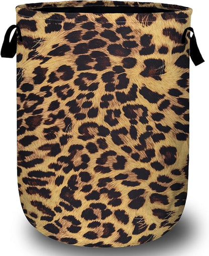 Brown Leopard Laundry Basket, Laundry Hamper Collapsible Oxford Cloth with Handle Clothes Toy Storage Bin for Bathroom Laundry Room Bedroom 15.7 X 20 Inch
