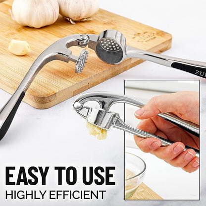 Zulay Kitchen Premium Garlic Press Set - Rust Proof Professional Garlic Mincer Tool - Easy-Squeeze, Easy-Clean with Soft, Ergonomic Handle - Silicone Garlic Peeler & Brush (Chrome)