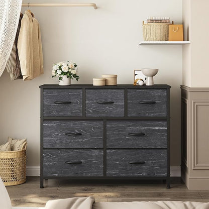 Sweetcrispy 7 Drawer Dresser, Fabric Storage Tower Organizer for Bedroom, Closet, Hallway, Entryway, Tall Chest of Drawers with Steel Frame, Wood Top, Large Storage, Black Wood Grain