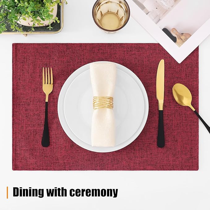 Homaxy Cloths Placemats for Dining Table Set of 6, Heat Resistant Washable Cotton Linen Blend Table Mats, Easy to Clean Place Mats for Indoor Outdoor Party Kitchen Decoration, 13" x 19", Red