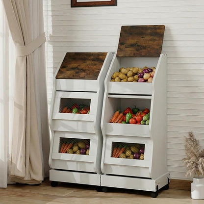ARTETHYS Potato and Onion Storage Bin with Wheels Movable White Potato Box Holder for kitchen with Lid Onion Organizer with Grocery Section Decorative Vegetable Organization Cabinet