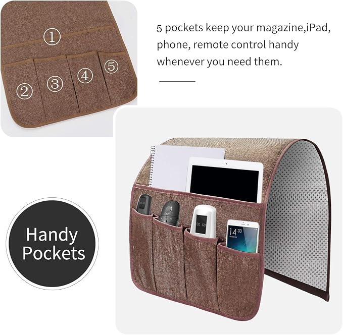 Sofa Armrest Organizer, Remote Control Holder for Recliner Couch, Arm Chair Caddy with 5 Pockets for Magazine, Tablet, Phone, iPad