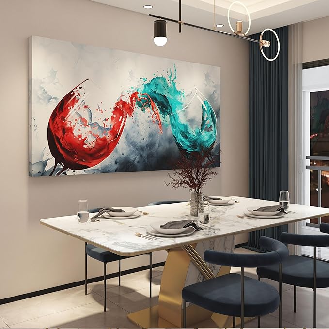 Pogusmavi Dining Room Wall Art - Blue & Red Wine Cups Canvas 30x60IN