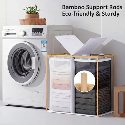 efluky Laundry Hamper with Lid, Double Laundry Basket with 2 Removable Bags, 2 Section Laundry Bin with Bamboo Handles for Bathroom, Bedroom & Laundry Room, 140L (36.9 Gallon) White