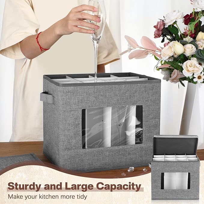 Uiifan 4 Pcs Champagne Flute Storage Box with Dividers 12 Compartment Stemware Storage Cases China Container Box with Lid, Handles, PVC Window for Moving, Gray