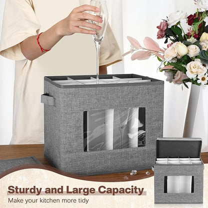 Uiifan 4 Pcs Champagne Flute Storage Box with Dividers 12 Compartment Stemware Storage Cases China Container Box with Lid, Handles, PVC Window for Moving, Gray
