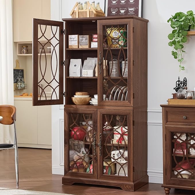 67" Tall Pantry Cabinet, Vintage Kitchen Pantries Cabinets with Glass Doors & Adjustable Shelves, Freestanding Wood Cupboard with Large Storage for Dingning Room, Bathroom, Brown