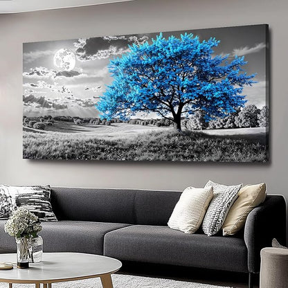 Blue Tree Canvas Wall Art - Modern landscape Paintings for Living Room, Bedroom Wall Decor, Framed Wall Art for Home or Office Decoration, Large Wall Art 20"x40"(50CMx100CM)