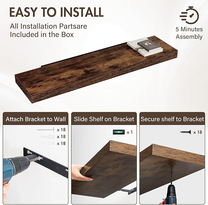 Acovy 48 Inch Floating Shelves, 12" Deep Floating Shelf Wall Mounted, 48" Wall Shelves, Rustic Deep Bookshelf, Extra Deeper & Thicker Display Shelves for Bedroom, Living Room, Brown, Set of 2