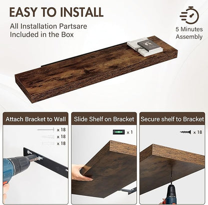 Acovy 48 Inch Floating Shelves, 12" Deep Floating Shelf Wall Mounted, 48" Wall Shelves, Rustic Deep Bookshelf, Extra Deeper & Thicker Display Shelves for Bedroom, Living Room, Brown, Set of 2