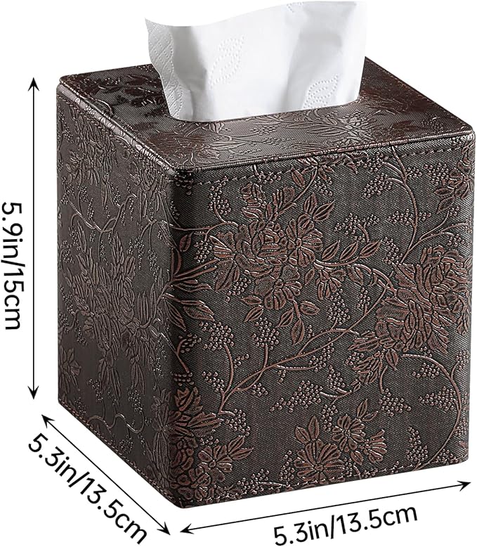 Square Tissue Box Cover, Stylish Leather Tissue Box Holder with Magnetic Bottom, Used As A Decorative Tissue Holder for Living Rooms, Bedrooms, and Desks (Brown Grape Pattern)