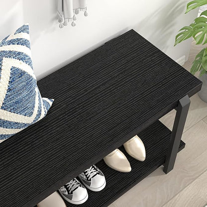 EXCEFUR Entryway Bench, Modern Wood and Metal Storage Bench for Hallway, Industrial Indoor Shoe Rack Bench Seat for Living Room Bedroom, Black Oak 47 Inch Long