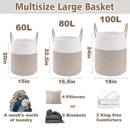 JMvicyroam Large Woven Laundry Basket Hamper,100L Cotton Rope Storage Bin for Blankets,Toys and Clothes,Decorative Tall Nursery Hamper for Living Room,Baby Nursery,Bathroom and Bedroom,Brown