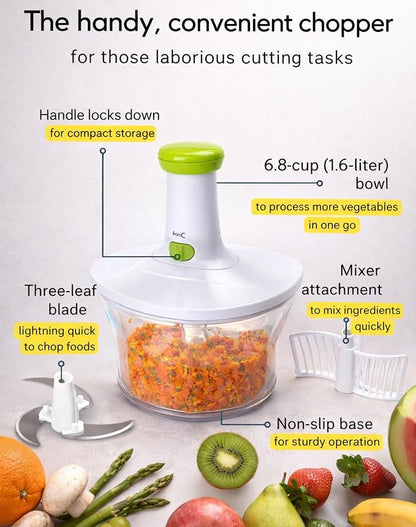 Brieftons Express Manual Food Chopper, 6.8-Cup Hand Pump Vegetable Chopper to Chop Veggies Onion Garlic Herbs, Tear-Free Onion Chopper & Salsa Maker for Camping RV Home, 3-Leaf Stainless Steel Blade