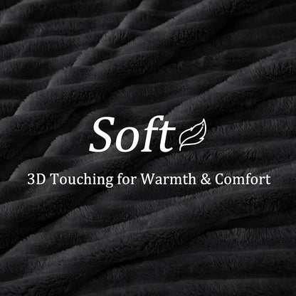 BEDELITE Fleece Black Throw Blanket for Couch - 300GSM Soft & Warm Fluffy Black Blanket, Decorative and Giftable Striped Blankets for Women, Men, 50"x60"