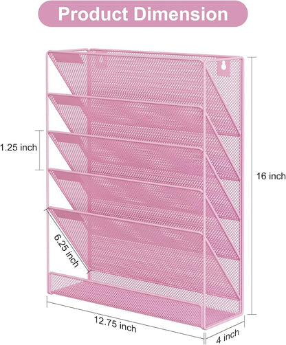 EasyPAG 5 Tier Wall File Holder, Mesh Hanging Folder Organizer with Classify Label, Versatile Desk File Holder, Vertical Wall Mounted Mail Organizer for Office Home Cubicle, Pink