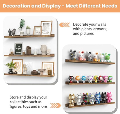 upsimples Floating Shelves for Wall, 47.3 Inch Shelves for Decor Storage Set of 6, Wall Mounted Wood Shelf for Bedroom, Living Room, Bathroom, Kitchen, Long Picture Ledge Shelves, Brown