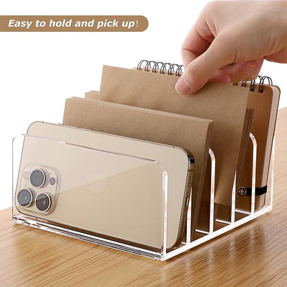 SANRUI 5 Compartments Acrylic Mail Sorter Holder, Clear Document Magazine Envelope File Rack, Vertical Letter Sorter & Multifunction Desk Organizer for Bills, Documents, Notebooks