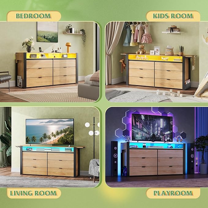 WLIVE 78 Inch LED Dresser for Bedroom, Wood Dresser with Charging Station, Large Chest of Drawers Expandable with Flexible Shelves and Hanging Rack, for Closet, Living Room (85" TV), Light Oak