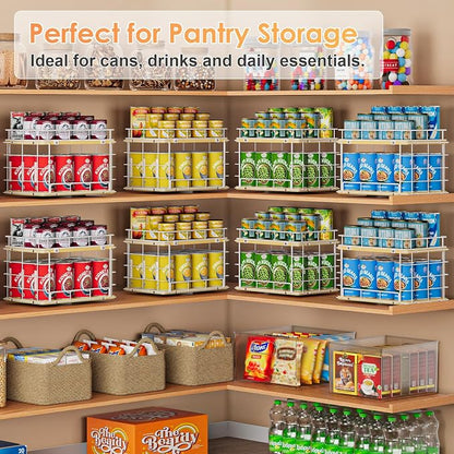 360° Lazy Susan Can Organizer, 2-Tier Rotating Metal Wire Wood Can Rack Holder, Kitchen Pantry Cabinet Countertop Turntable Storage Shelf, Hold 26 Soda Cans Food Beverage Cans Organizer, White