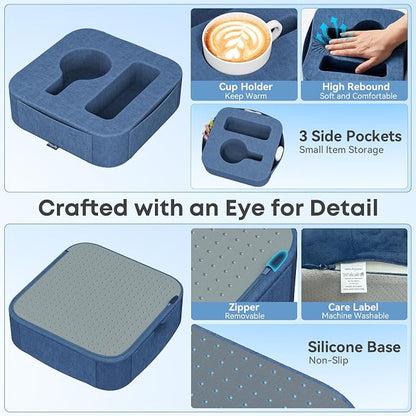 Couch Cup Holder Pillow, Couch Caddy for Drink, Snack, Phone, Remote, Game Controller, Removable and Washable Cup Cozy Pillow, Small Sofa Cup Holder Tray for Bed, Car, Desk, Sofa, Blue