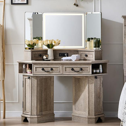 T4TREAM Makeup Vanity Desk 48" with 3 Way Mirror and Lights, Large Farmhouse Corner Vanity Dressing Table with Glass Top & Charging Station, 3 Drawers & 2 Storage Cabinets, Light Rustic Oak